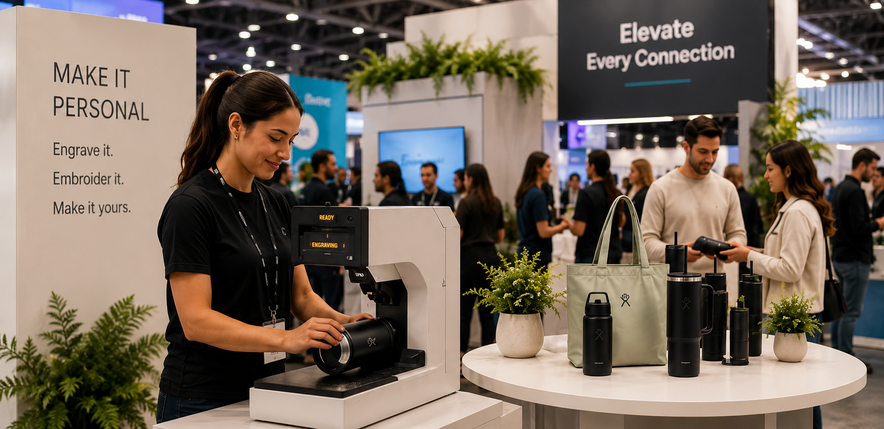 Interactive onsite gifting experience with personalized promotional products at a trade show